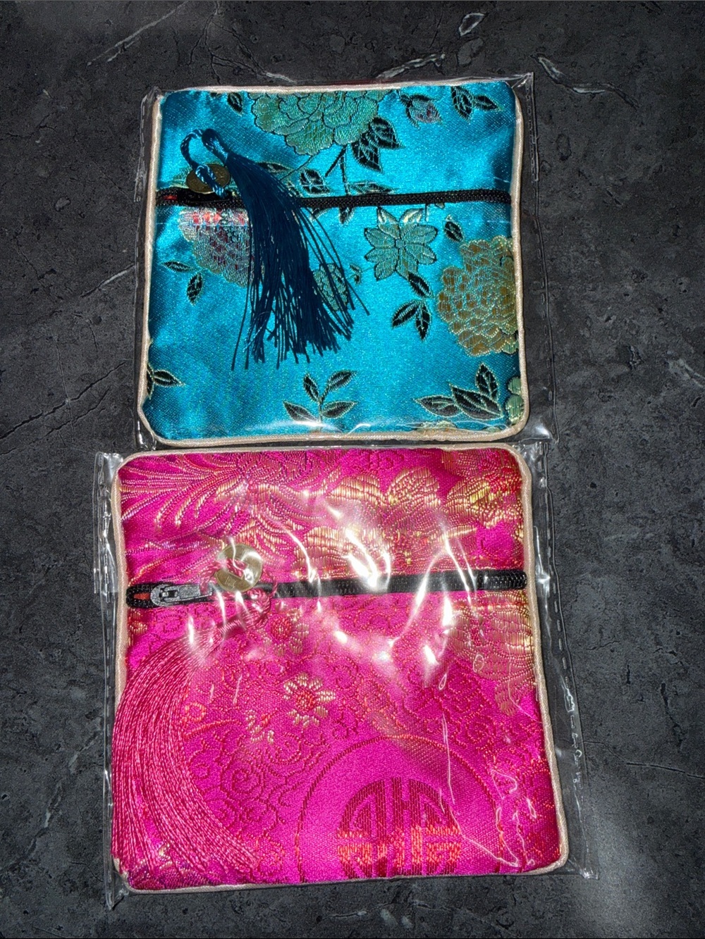 Silk Brocade Cosmetic Pouch - Pink and Turquoise